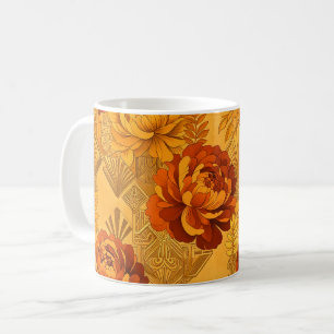 Caneca De Café Flores Abundantes Dourado Laranja Art Déco