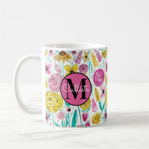 Caneca De Café Flores Amarelas de Verão Cor de Água Monograma