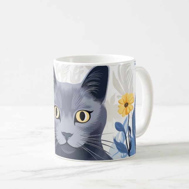 Caneca De Café Flores Amarelas do Gato Azul Russo (Frente Esquerda)