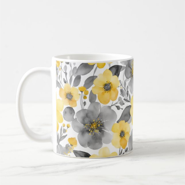 Caneca De Café Flores Amarelas E Cinzas Em Aquarelas (Esquerda)