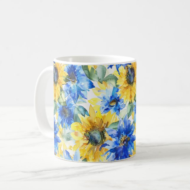 Caneca De Café Flores Azuis Amarelas (Frente Esquerda)