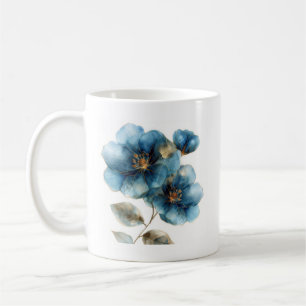 Caneca De Café Flores azuis, azuis e douradas, de coloração aquos