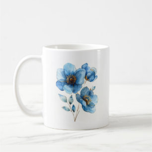 Caneca De Café Flores azuis, azuis e douradas, de coloração aquos