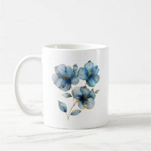 Caneca De Café Flores azuis azuis e douradas de cor aquática etér