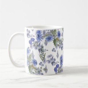 Caneca De Café Flores azuis de cor aquosa, penas brancas