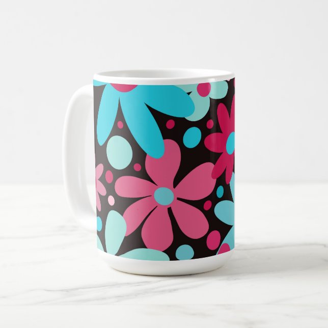 Caneca De Café Flores azuis e cor-de-rosa (Frente Esquerda)
