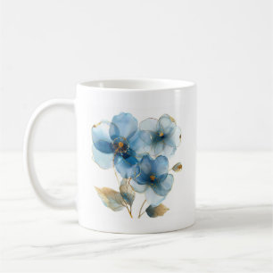 Caneca De Café Flores azuis e douradas, cor aquosa delicada