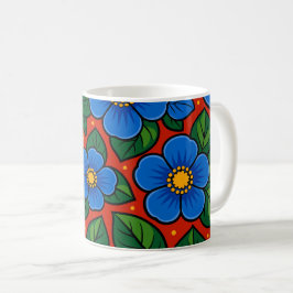 Caneca De Café Flores Azuis e Folhas Verdes em um Fundo Vermelho