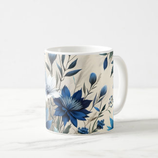 Caneca De Café Flores Azuis em Fundo Branco