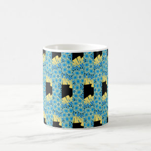 Caneca De Café Flores azuis em preto com abstrato amarelo