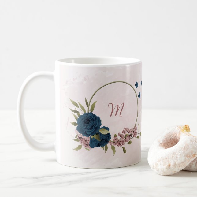 Caneca De Café flores azuis marinho rosa  (Com Donut)