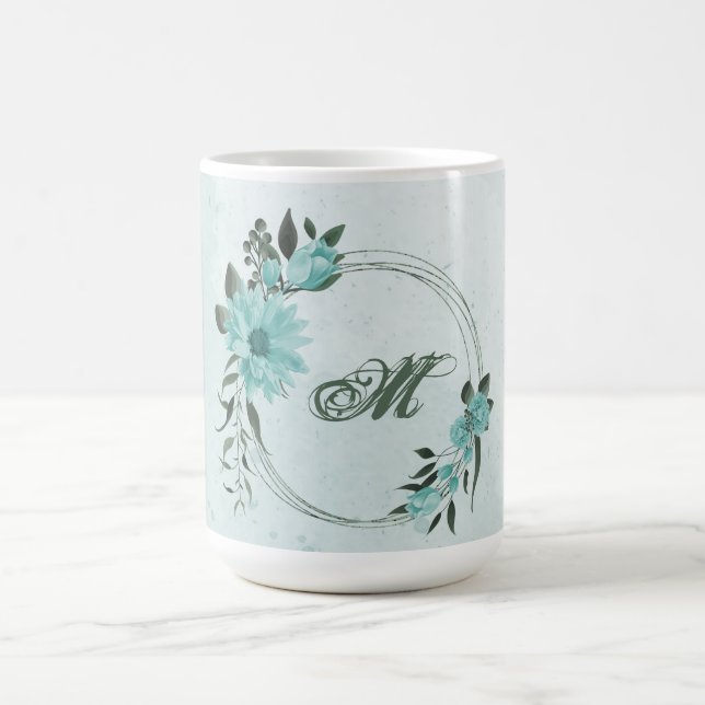 Caneca De Café flores azuis românticas e folhas verdes (Centro)