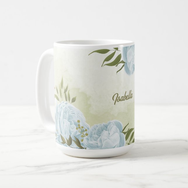 Caneca De Café flores azuis românticas & folhas verdes botânicas (Frente Esquerda)