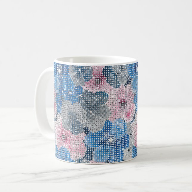 Caneca De Café Flores Azuis Rosa Brilham (Frente Esquerda)