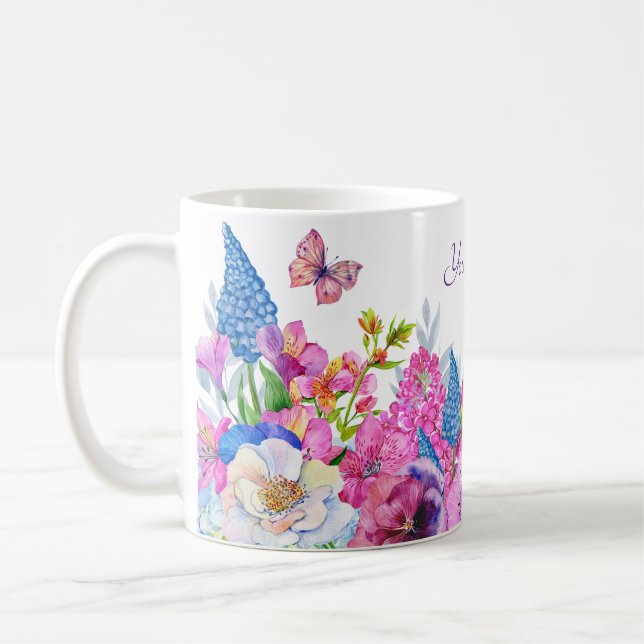 Caneca De Café Flores azuis roxas florescem na primavera nome per (Esquerda)