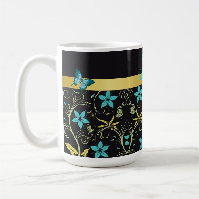 Caneca De Café Flores Azuis, Vinhas E Borboletas (Esquerda)