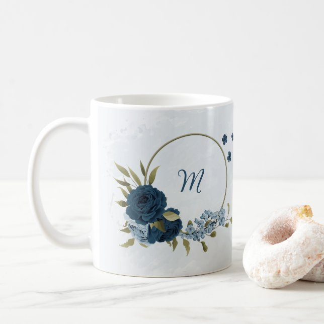 Caneca De Café flores azul marinho claro (Com Donut)
