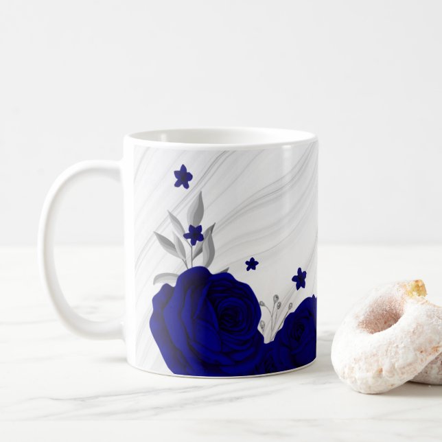 Caneca De Café flores azul royal folhas de prata mármore (Com Donut)