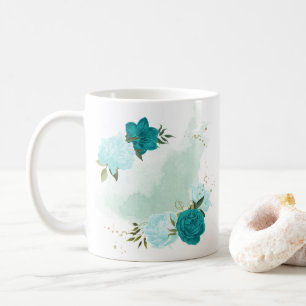 Caneca De Café flores azul turquesa claro 