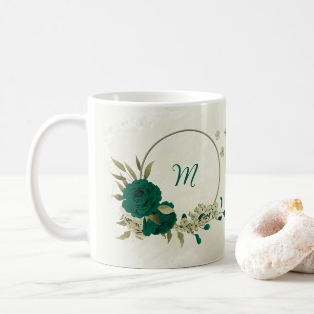 Caneca De Café flores bege esmeralda verde  (Com Donut)