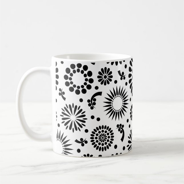 Caneca De Café Flores boho Padrão floral vetorial preto e branco (Esquerda)