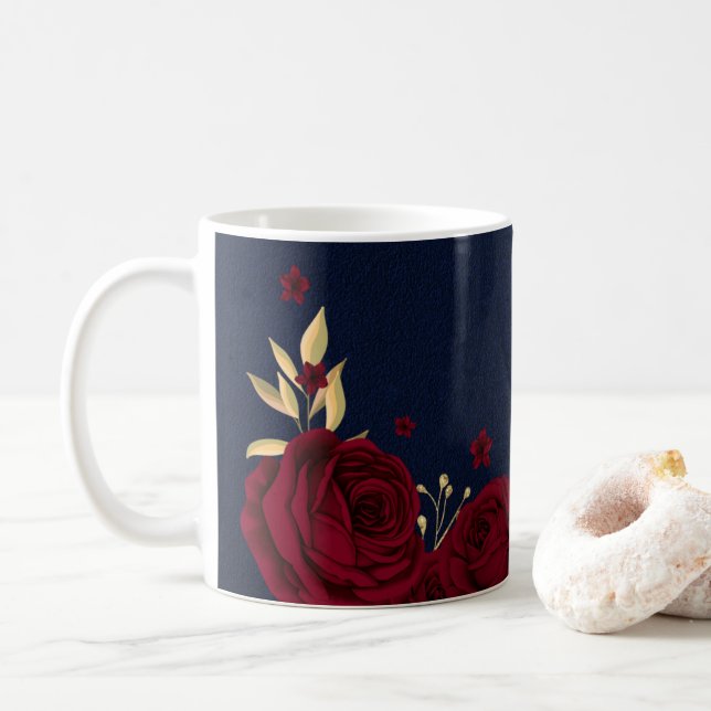 Caneca De Café flores borgonha folhas douradas azul-marinho (Com Donut)