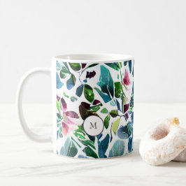 Caneca De Café Flores botânicas de cor aquosa monograma elegante