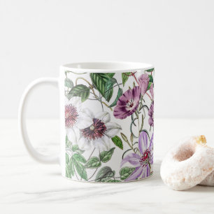 Caneca De Café Flores Botânicas Lilac Green White Vintage