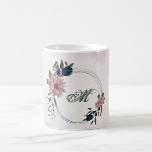 Caneca De Café flores botânicas rosa e azul marinho