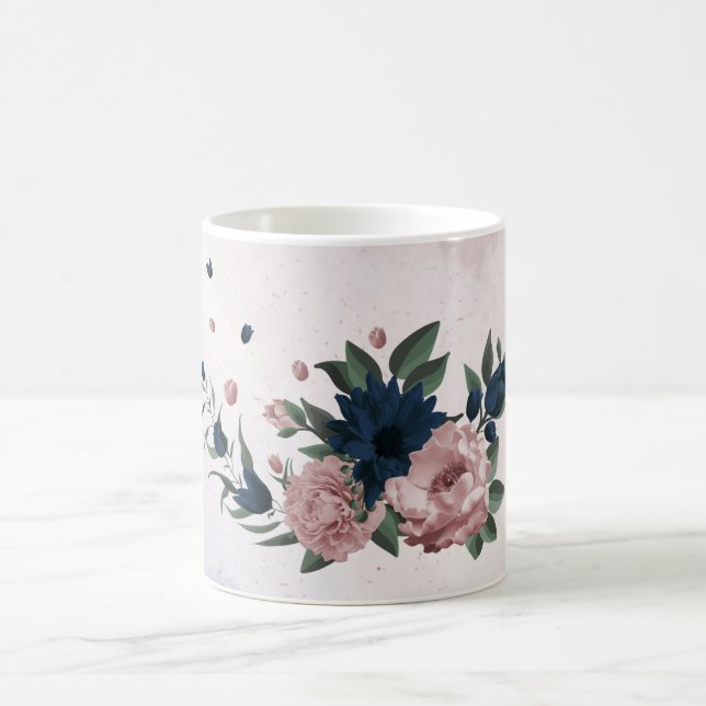 Caneca De Café flores botânicas rosa e azul-marinho (Centro)