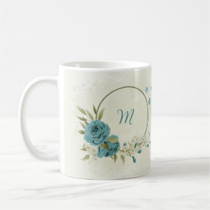 Caneca De Café flores brancas azuis folhagem 