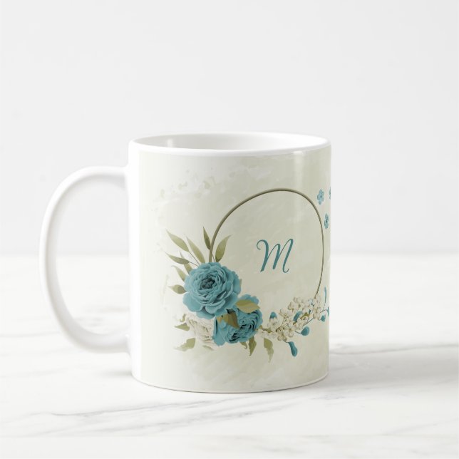Caneca De Café flores brancas azuis folhagens  (Esquerda)