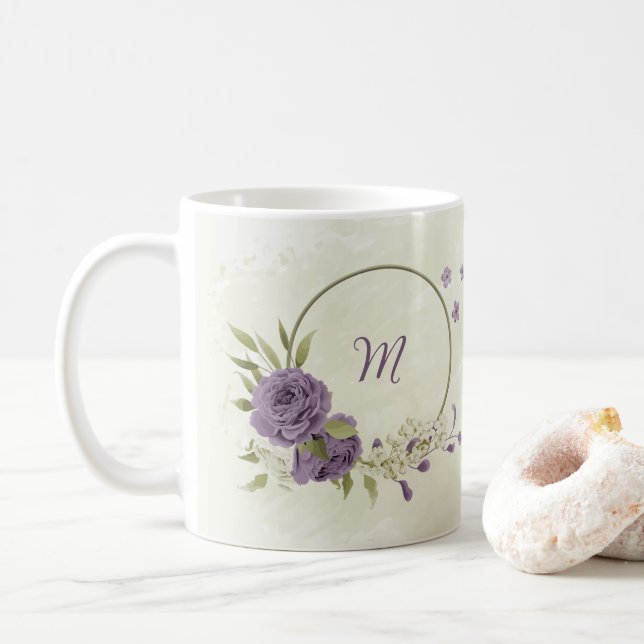 Caneca De Café flores brancas cor de malva folhagem  (Com Donut)