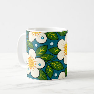 Caneca De Café Flores Brancas Cremosas com Padrão de Folhas Verde