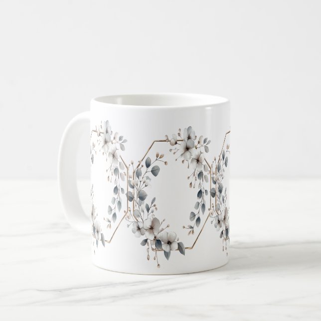 Caneca De Café Flores brancas de aquarela Ouro Frame Silver Teal (Frente Esquerda)