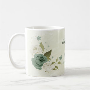 Caneca De Café flores brancas de verde sálvia