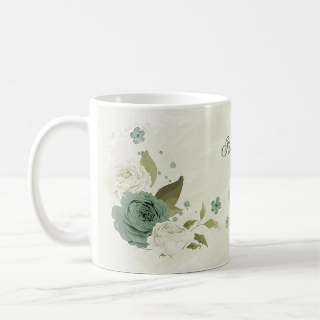 Caneca De Café flores brancas de verde sálvia (Esquerda)