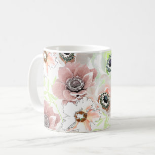 Caneca De Café Flores brancas e cor-de-rosa.