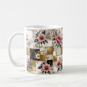 Caneca De Café Flores brancas e cor-de-rosa nos quadrados Dourado