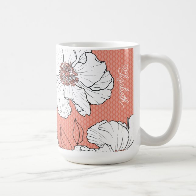 Caneca De Café Flores Brancas Elegantes Personalizadas em Coral (Direita)