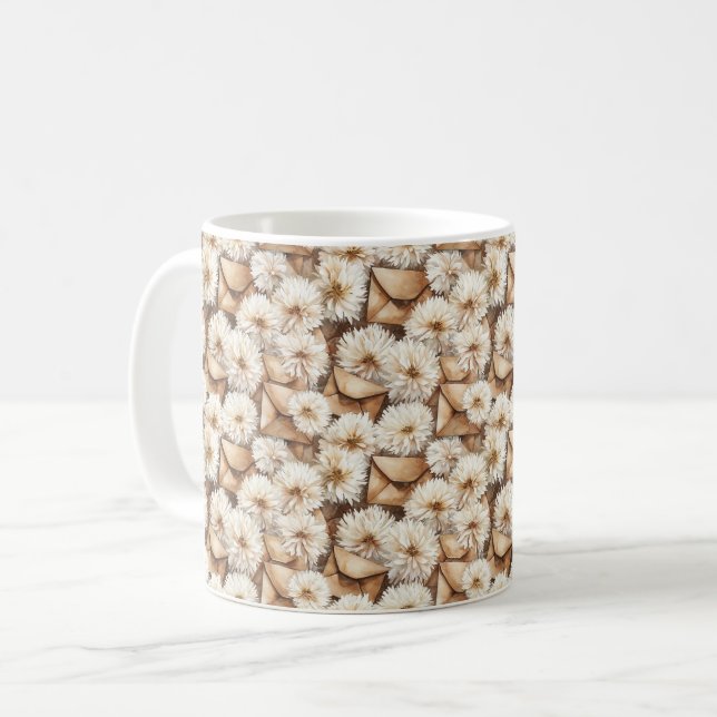 Caneca De Café Flores Brancas Envelopes Creme (Frente Esquerda)