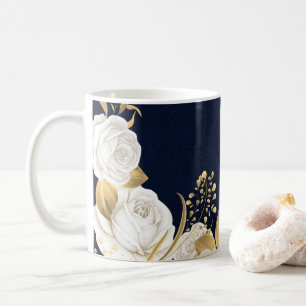 Caneca De Café flores brancas folhas douradas azul marinho