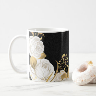 Caneca De Café flores brancas folhas douradas pretas