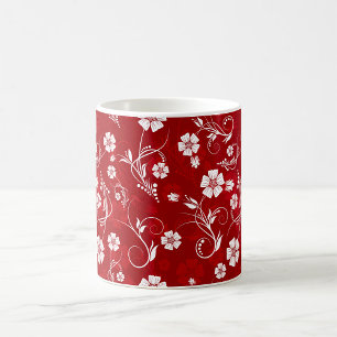Caneca De Café Flores brancas Fundo Vermelho