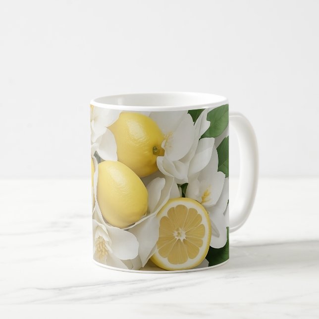 Caneca De Café Flores Brancas, Limões e Folhas Verdes sobre Branc (Frente Esquerda)