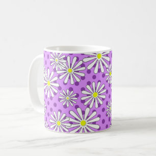 Caneca De Café Flores brancas margaridas sobre fundo bolinhas