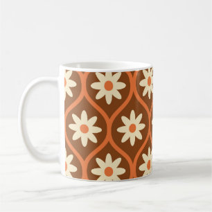 Caneca De Café Flores Brancas Retrô em Ogee Vintage Marrom