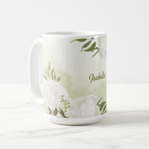 Caneca De Café flores brancas românticas com lindas folhas verdes