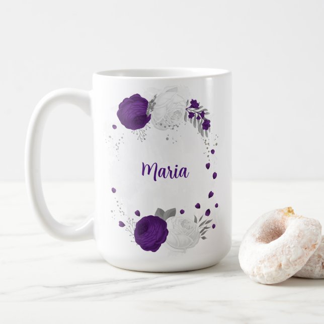 Caneca De Café flores brancas roxas prata botânica casamento (Com Donut)
