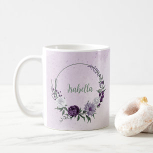 Caneca De Café Flores brancas roxas românticas folhagens